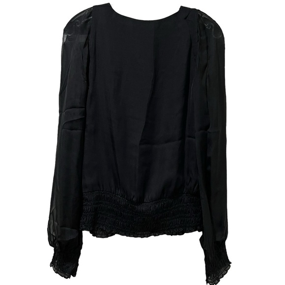 Halston Heritage 8 Black Silk Sheer Long Sleeve Smocked Hem Blouse R6 - Picture 2 of 4